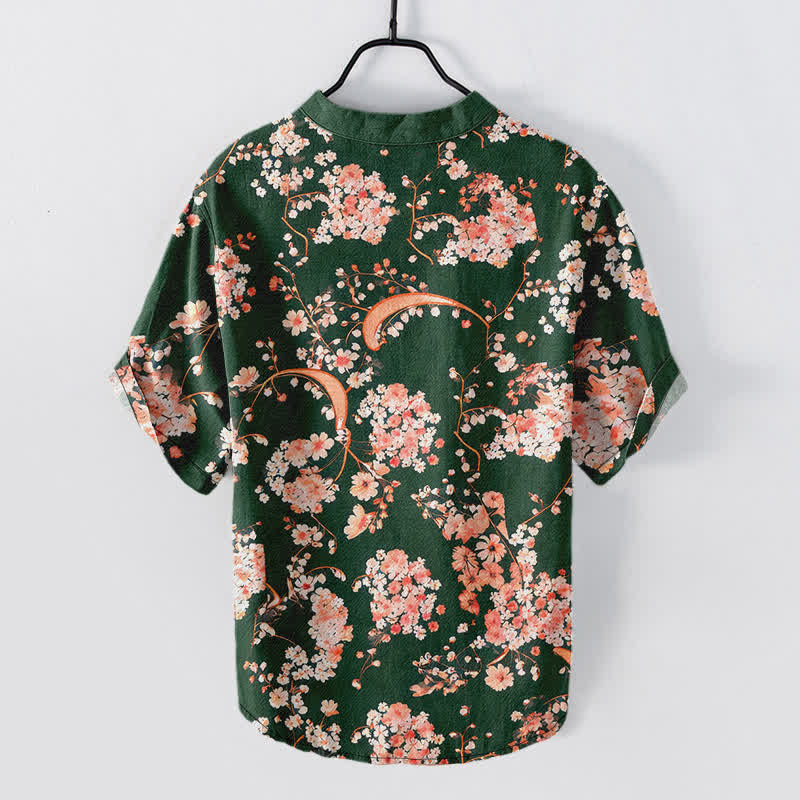 Buddha Stones Camicia da uomo Henley a maniche corte con mezza abbottonatura, rosa, in cotone e fantasia floreale. - image 11