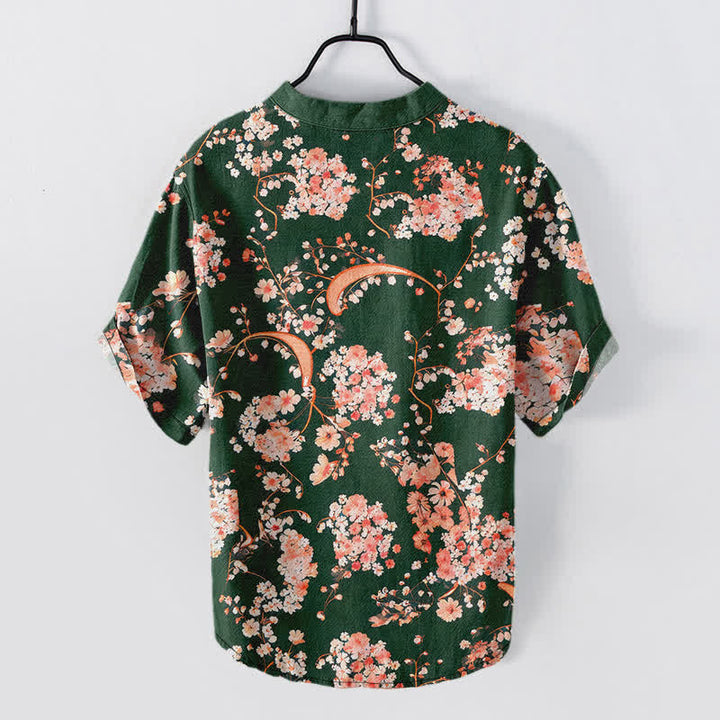 Buddha Stones Camicia da uomo Henley a maniche corte con mezza abbottonatura, rosa, in cotone e fantasia floreale. - image 11