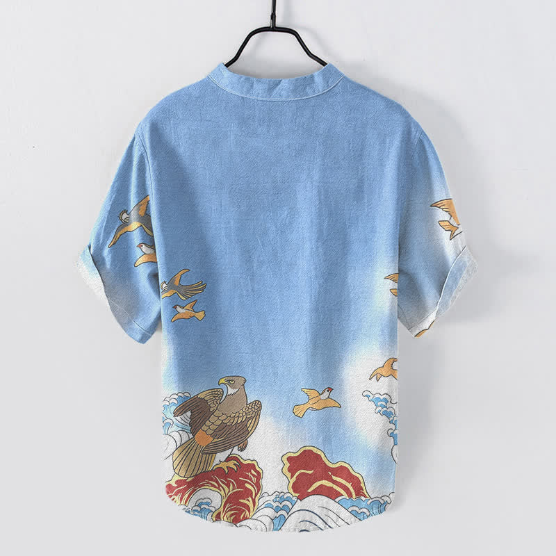 Buddha Stones Camicia da uomo a maniche corte con mezza abbottonatura, in cotone, con stampa di uccelli marini, onde e rocce. - image 1