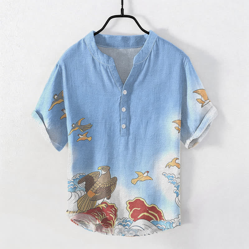 Buddha Stones Camicia da uomo a maniche corte con mezza abbottonatura, in cotone, con stampa di uccelli marini, onde e rocce. - Azzurro cielo chiaro - US/UK/AU50, EU60 (5XL) - image 0
