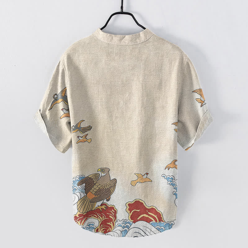 Buddha Stones Camicia da uomo a maniche corte con mezza abbottonatura, in cotone, con stampa di uccelli marini, onde e rocce. - image 4