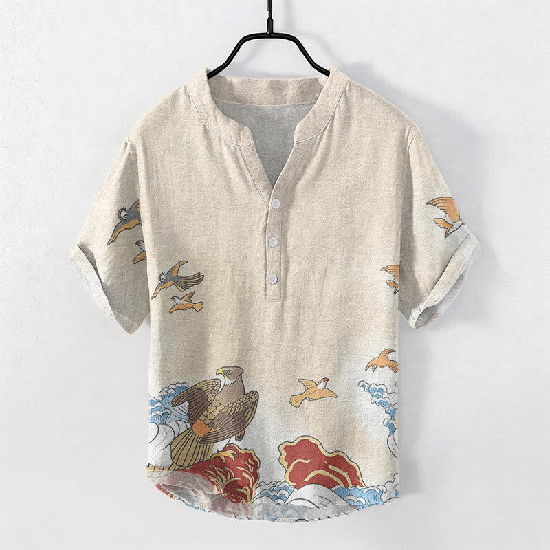 Buddha Stones Camicia da uomo a maniche corte con mezza abbottonatura, in cotone, con stampa di uccelli marini, onde e rocce. - Bianco antico - US/UK/AU50, EU60 (5XL) - image 3
