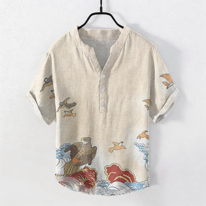 Buddha Stones Camicia da uomo a maniche corte con mezza abbottonatura, in cotone, con stampa di uccelli marini, onde e rocce. - Bianco antico - US/UK/AU50, EU60 (5XL) - image 3