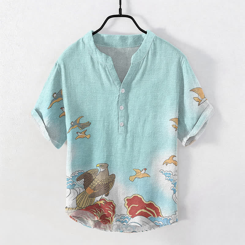 Buddha Stones Camicia da uomo a maniche corte con mezza abbottonatura, in cotone, con stampa di uccelli marini, onde e rocce. - Turchese - US/UK/AU50, EU60 (5XL) - image 5