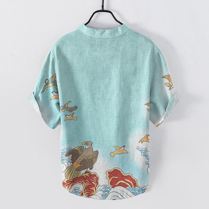 Buddha Stones Camicia da uomo a maniche corte con mezza abbottonatura, in cotone, con stampa di uccelli marini, onde e rocce. - image 6