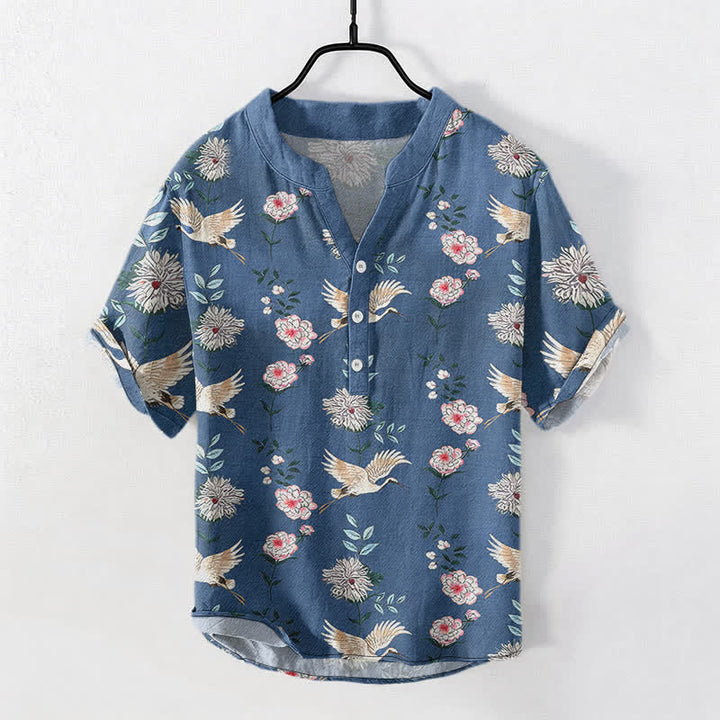 Buddha Stones Camicia da uomo a maniche corte con mezza abbottonatura e stampa floreale a gru in cotone. - SteelBlue - US/UK/AU50, EU60 (5XL) - image 0