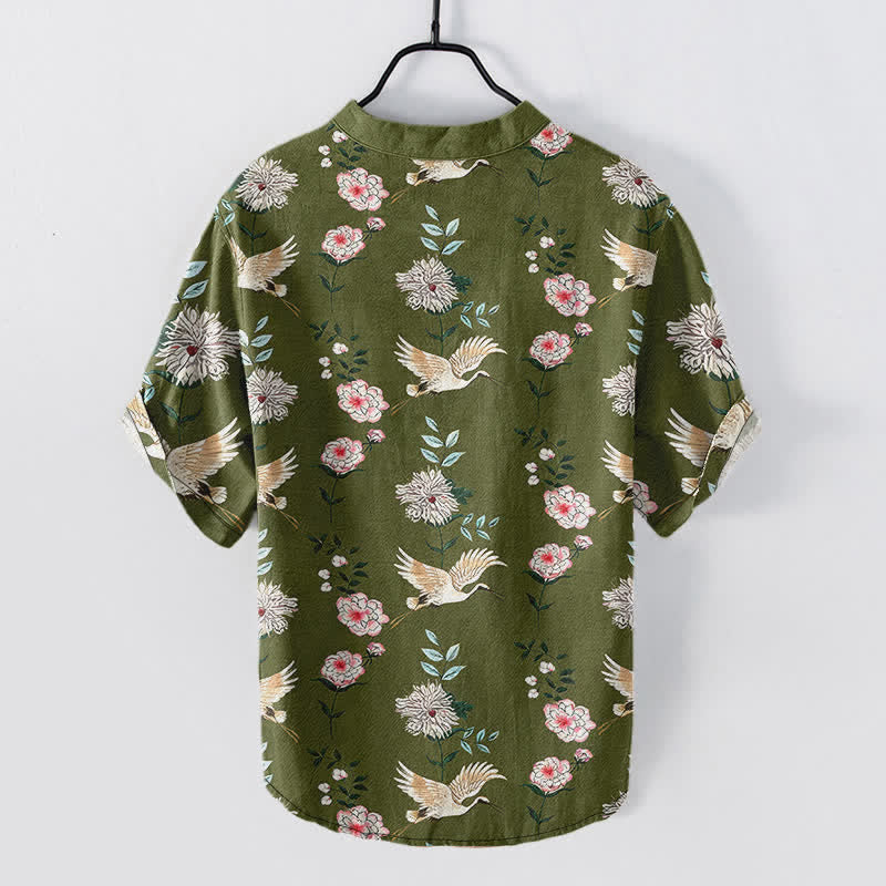 Buddha Stones Camicia da uomo a maniche corte con mezza abbottonatura e stampa floreale a gru in cotone. - image 6