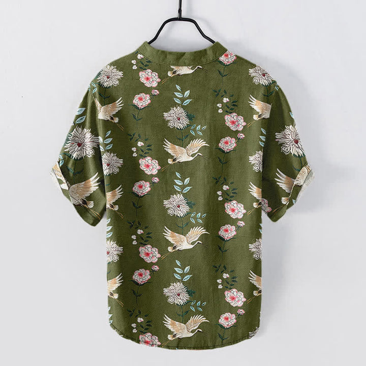 Buddha Stones Camicia da uomo a maniche corte con mezza abbottonatura e stampa floreale a gru in cotone. - image 6