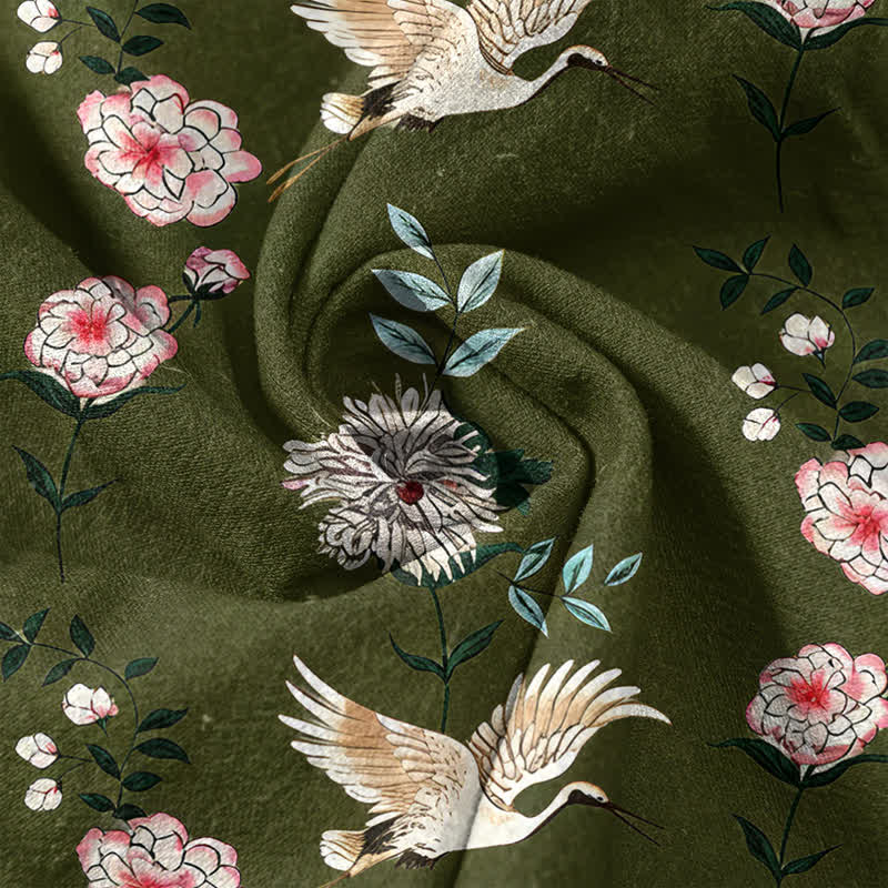 Buddha Stones Camicia da uomo a maniche corte con mezza abbottonatura e stampa floreale a gru in cotone. - image 9