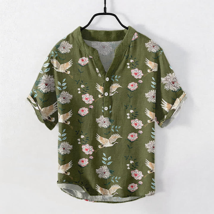 Buddha Stones Camicia da uomo a maniche corte con mezza abbottonatura e stampa floreale a gru in cotone. - Verde oliva scuro - US/UK/AU50, EU60 (5XL) - image 5