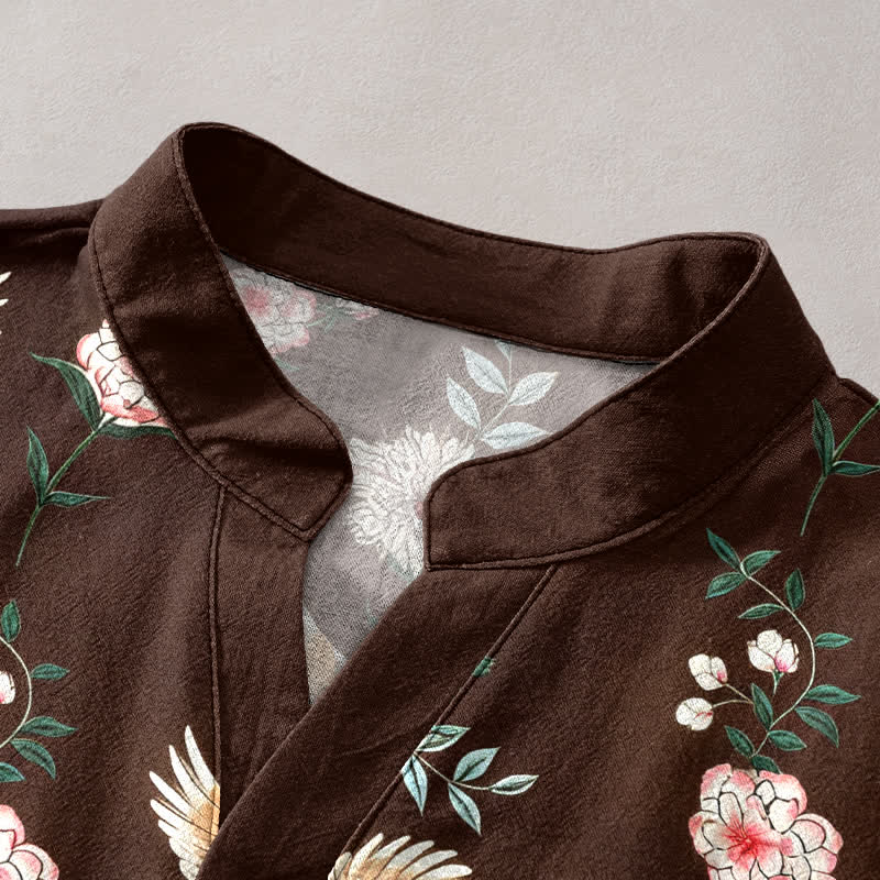 Buddha Stones Camicia da uomo a maniche corte con mezza abbottonatura e stampa floreale a gru in cotone. - image 12