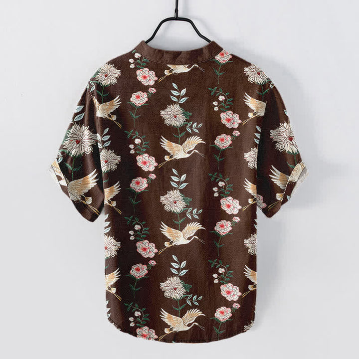 Buddha Stones Camicia da uomo a maniche corte con mezza abbottonatura e stampa floreale a gru in cotone. - image 11