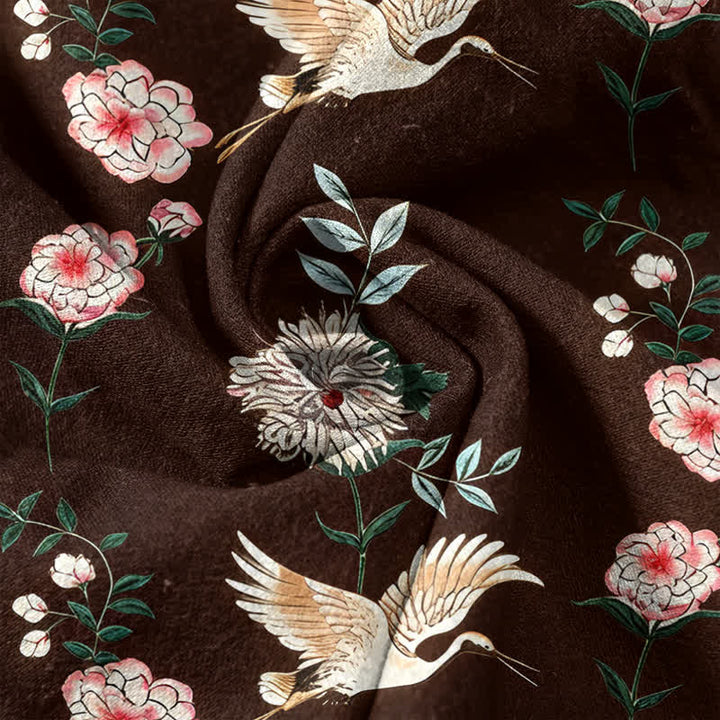 Buddha Stones Camicia da uomo a maniche corte con mezza abbottonatura e stampa floreale a gru in cotone. - image 14