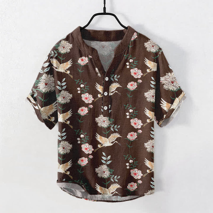 Buddha Stones Camicia da uomo a maniche corte con mezza abbottonatura e stampa floreale a gru in cotone. - Marrone sella - US/UK/AU50, EU60 (5XL) - image 10