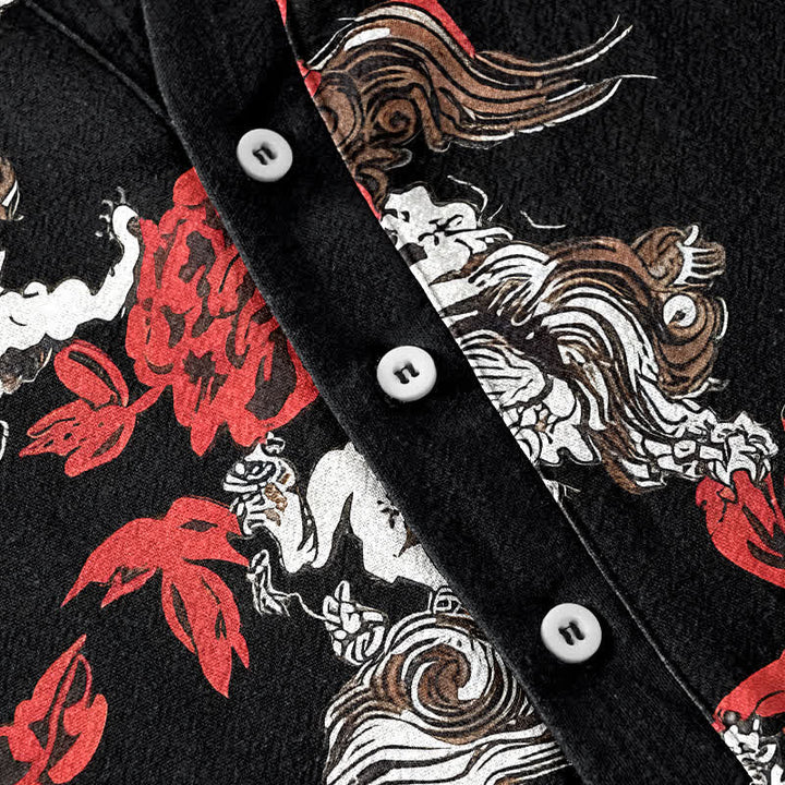 Buddha Stones Camicia Henley da uomo a maniche corte con mezza abbottonatura, in cotone rosso con stampa floreale e nuvole. - image 3