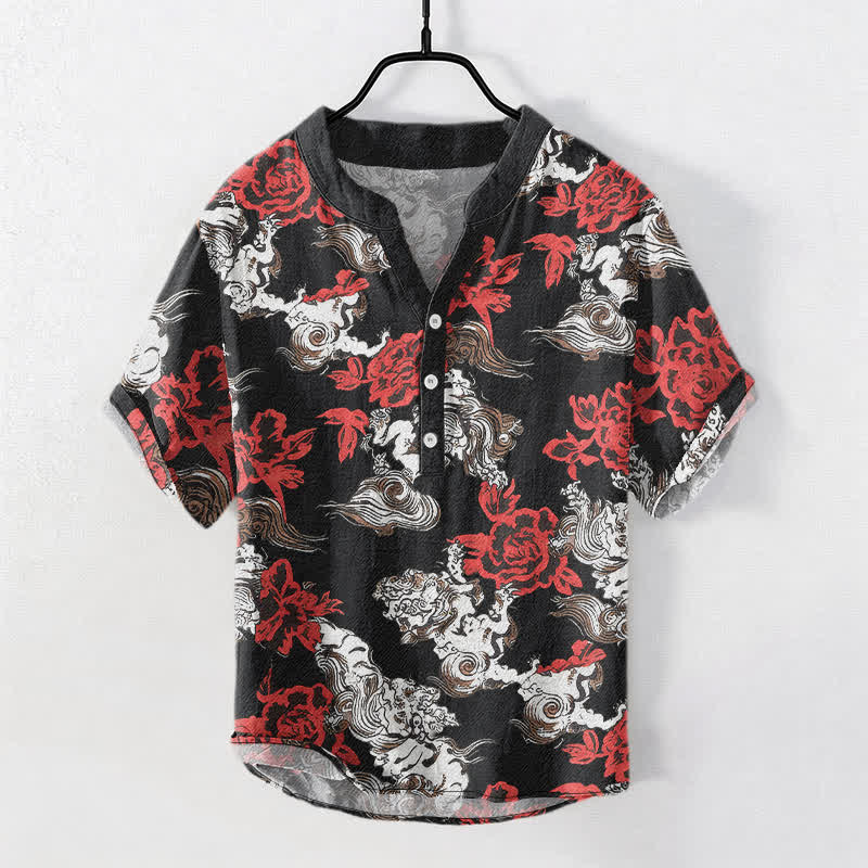 Buddha Stones Camicia Henley da uomo a maniche corte con mezza abbottonatura, in cotone rosso con stampa floreale e nuvole. - Nero - US/UK/AU50, EU60 (5XL) - image 0