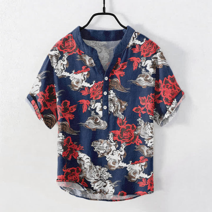 Buddha Stones Camicia Henley da uomo a maniche corte con mezza abbottonatura, in cotone rosso con stampa floreale e nuvole. - Blu scuro - US/UK/AU50, EU60 (5XL) - image 5