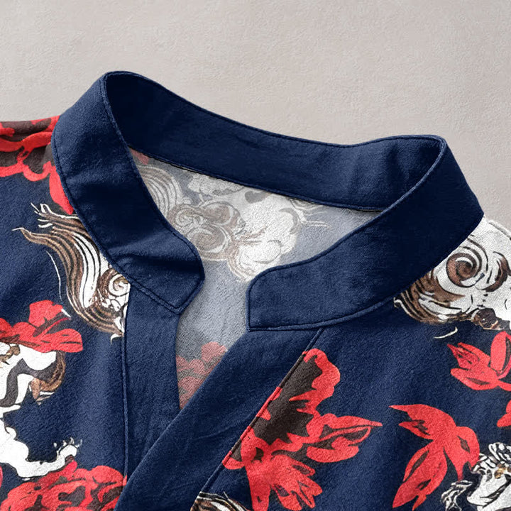 Buddha Stones Camicia Henley da uomo a maniche corte con mezza abbottonatura, in cotone rosso con stampa floreale e nuvole. - image 7