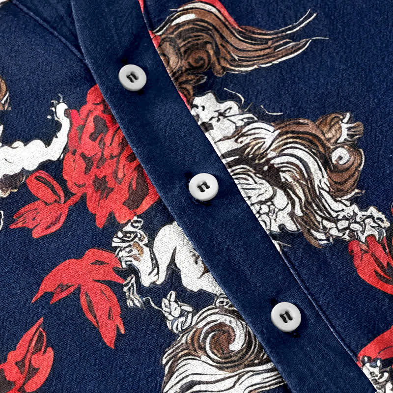 Buddha Stones Camicia Henley da uomo a maniche corte con mezza abbottonatura, in cotone rosso con stampa floreale e nuvole. - image 8