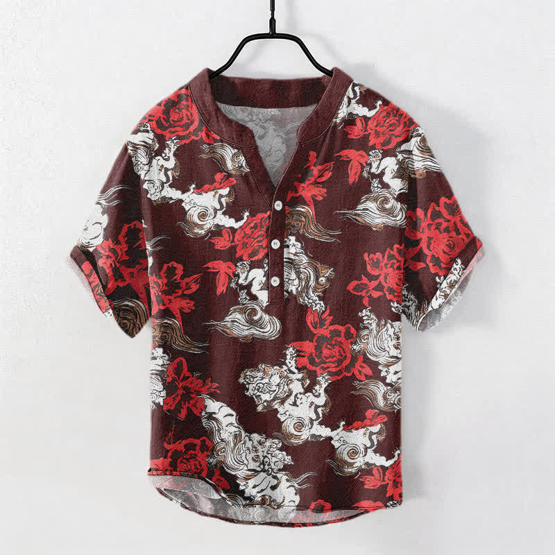 Buddha Stones Camicia Henley da uomo a maniche corte con mezza abbottonatura, in cotone rosso con stampa floreale e nuvole. - Rosso scuro - US/UK/AU50, EU60 (5XL) - image 10