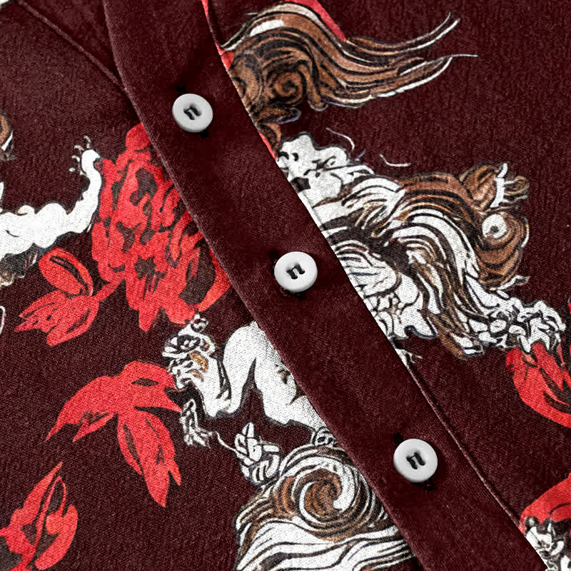 Buddha Stones Camicia Henley da uomo a maniche corte con mezza abbottonatura, in cotone rosso con stampa floreale e nuvole. - image 13