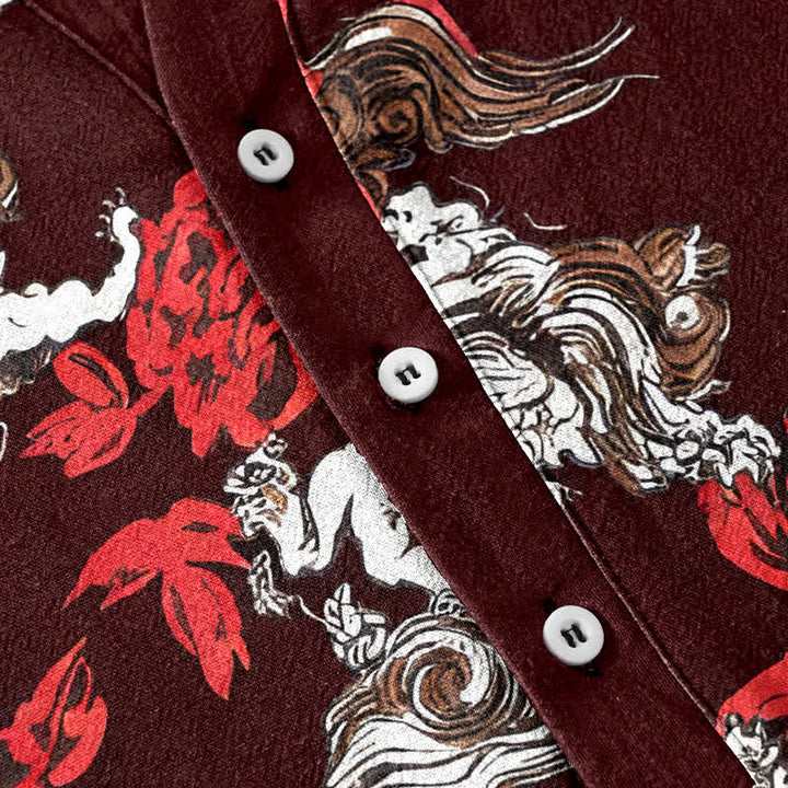 Buddha Stones Camicia Henley da uomo a maniche corte con mezza abbottonatura, in cotone rosso con stampa floreale e nuvole. - image 13