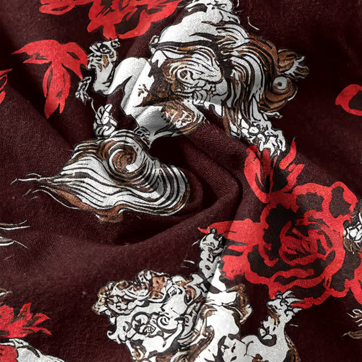 Buddha Stones Camicia Henley da uomo a maniche corte con mezza abbottonatura, in cotone rosso con stampa floreale e nuvole. - image 14