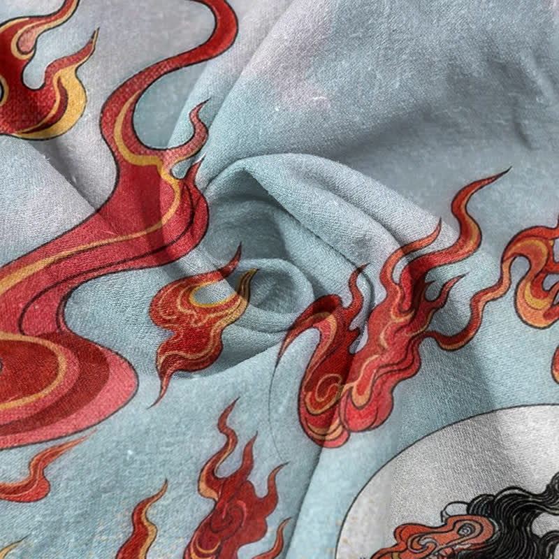 Buddha Stones Camicia da uomo a maniche corte con mezza abbottonatura e stampa "Mythic Flame" in cotone. - image 2