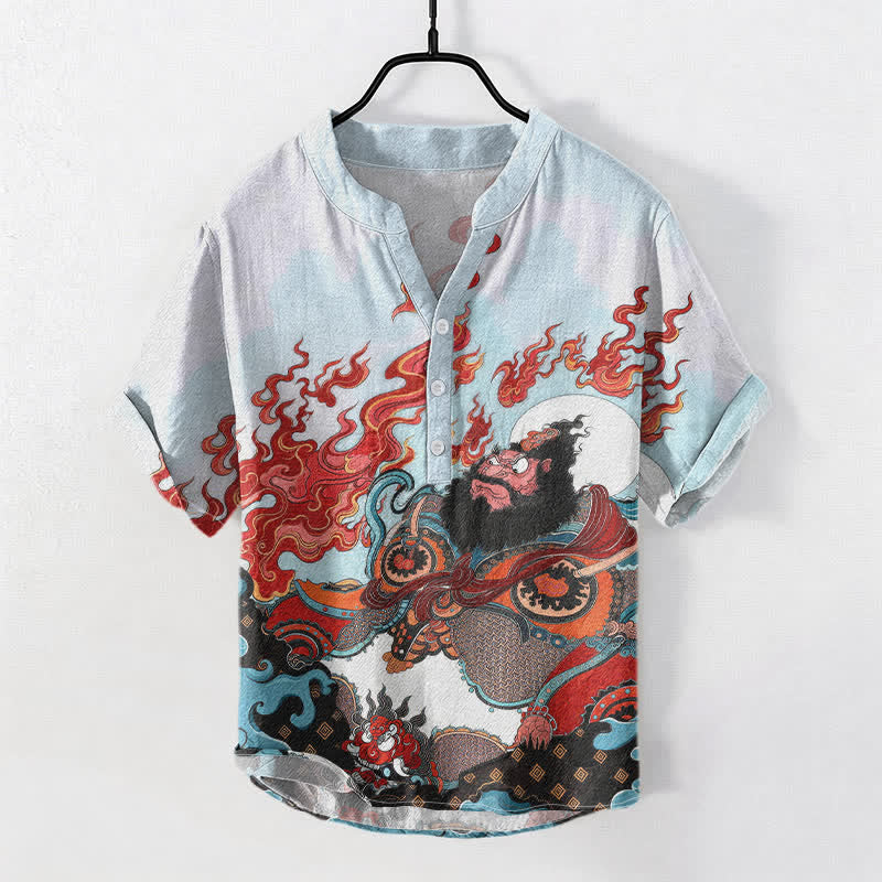 Buddha Stones Camicia da uomo a maniche corte con mezza abbottonatura e stampa "Mythic Flame" in cotone. - Azzurro polvere - US/UK/AU50, EU60 (5XL) - image 0