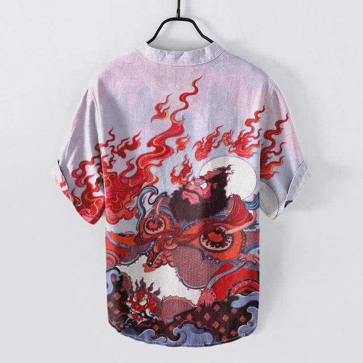 Buddha Stones Camicia da uomo a maniche corte con mezza abbottonatura e stampa "Mythic Flame" in cotone. - image 4