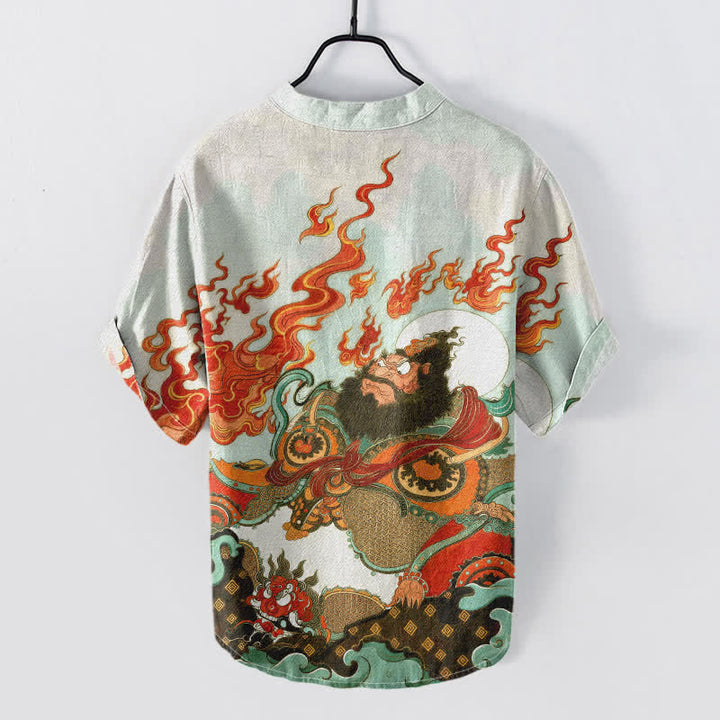 Buddha Stones Camicia da uomo a maniche corte con mezza abbottonatura e stampa "Mythic Flame" in cotone. - image 6
