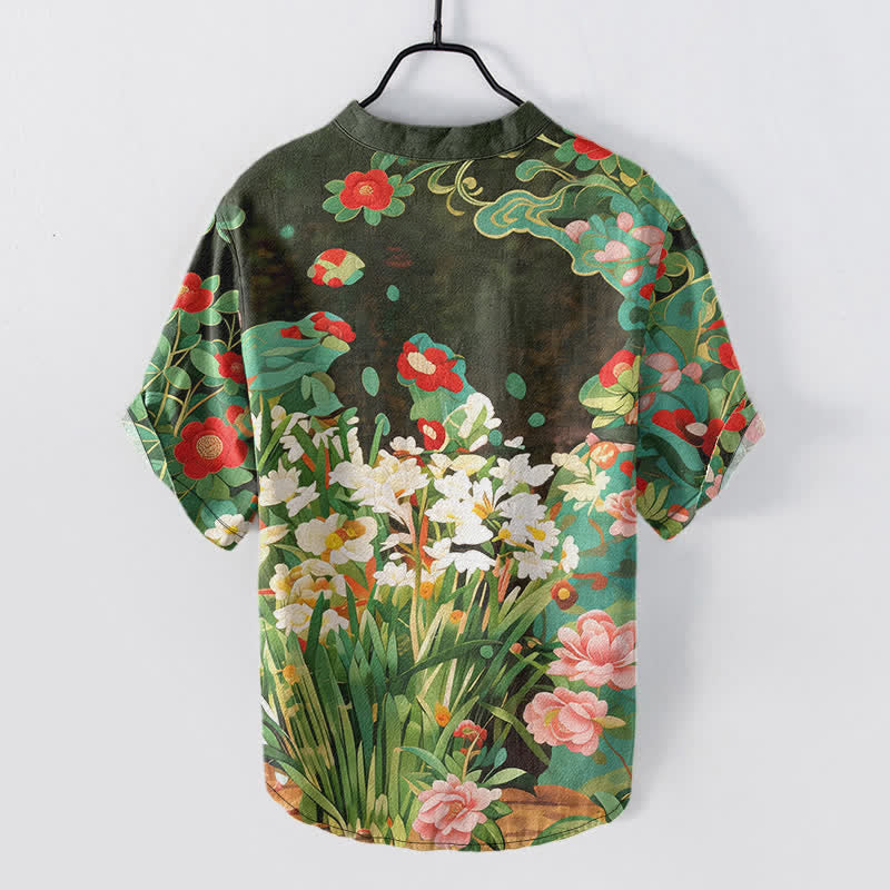Buddha Stones Camicia da uomo a maniche corte con mezza abbottonatura e stampa floreale tropicale in cotone. - image 1