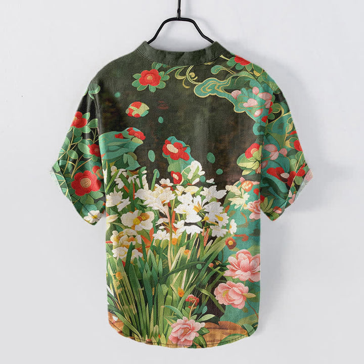 Buddha Stones Camicia da uomo a maniche corte con mezza abbottonatura e stampa floreale tropicale in cotone. - image 1