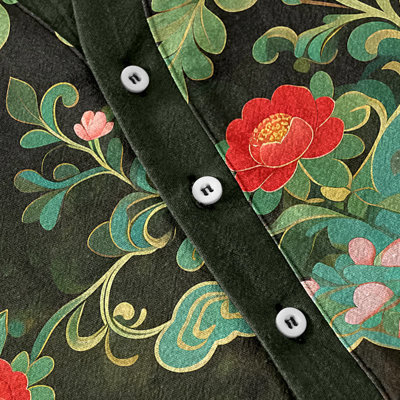 Buddha Stones Camicia da uomo a maniche corte con mezza abbottonatura e stampa floreale tropicale in cotone. - image 3