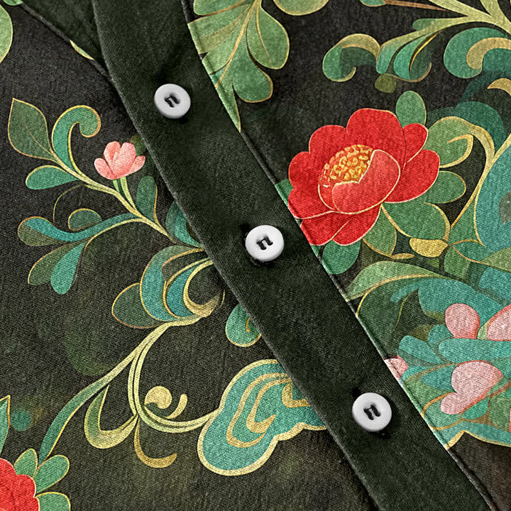 Buddha Stones Camicia da uomo a maniche corte con mezza abbottonatura e stampa floreale tropicale in cotone. - image 3