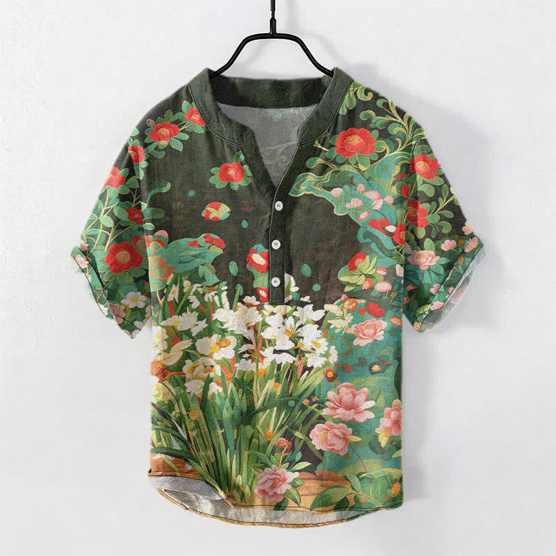Buddha Stones Camicia da uomo a maniche corte con mezza abbottonatura e stampa floreale tropicale in cotone. - Verde oliva scuro - US/UK/AU50, EU60 (5XL) - image 0