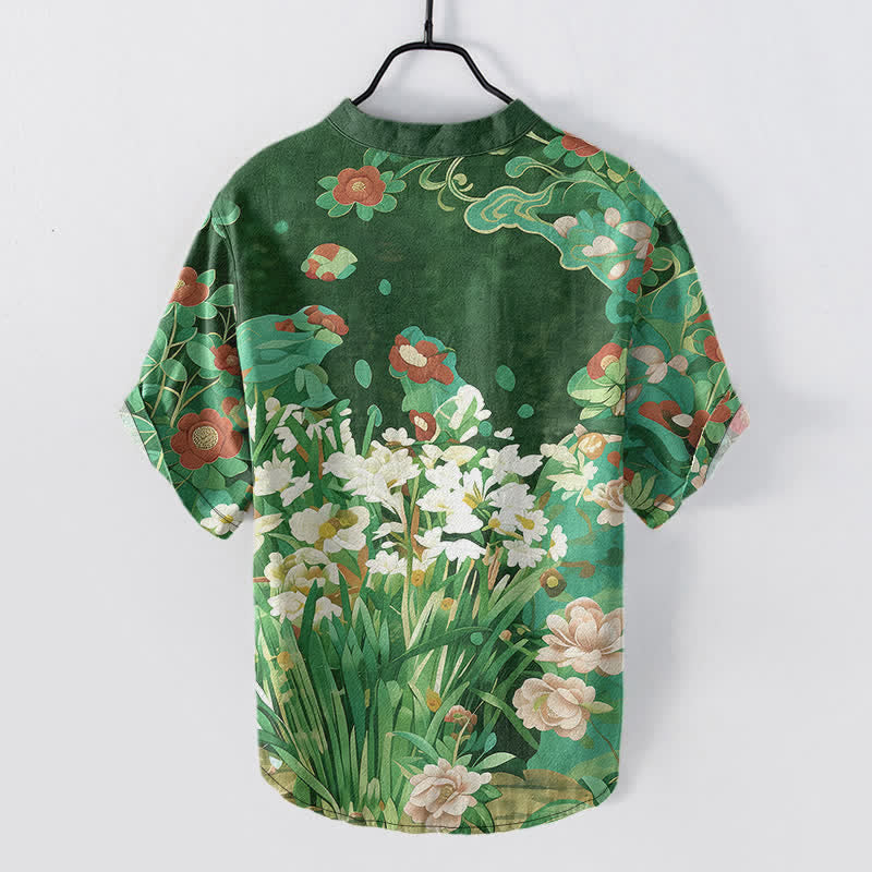 Buddha Stones Camicia da uomo a maniche corte con mezza abbottonatura e stampa floreale tropicale in cotone. - image 6