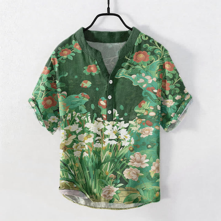 Buddha Stones Camicia da uomo a maniche corte con mezza abbottonatura e stampa floreale tropicale in cotone. - Verde mare - US/UK/AU50, EU60 (5XL) - image 5