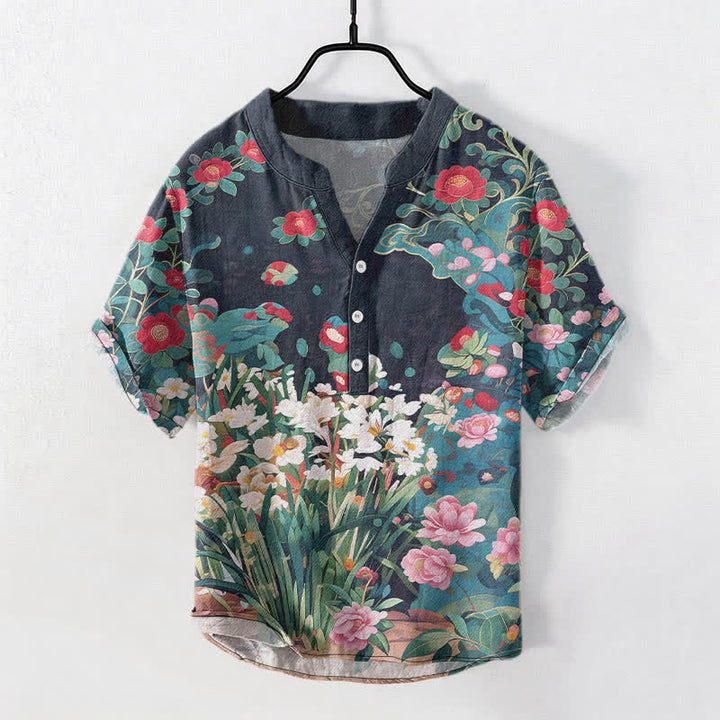 Buddha Stones Camicia da uomo a maniche corte con mezza abbottonatura e stampa floreale tropicale in cotone. - Grigio ardesia scuro - US/UK/AU50, EU60 (5XL) - image 7