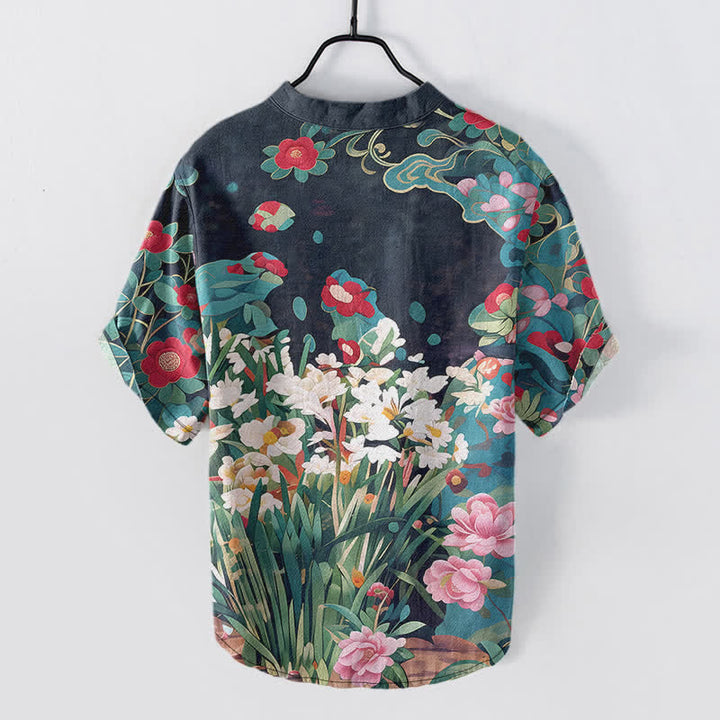 Buddha Stones Camicia da uomo a maniche corte con mezza abbottonatura e stampa floreale tropicale in cotone. - image 8