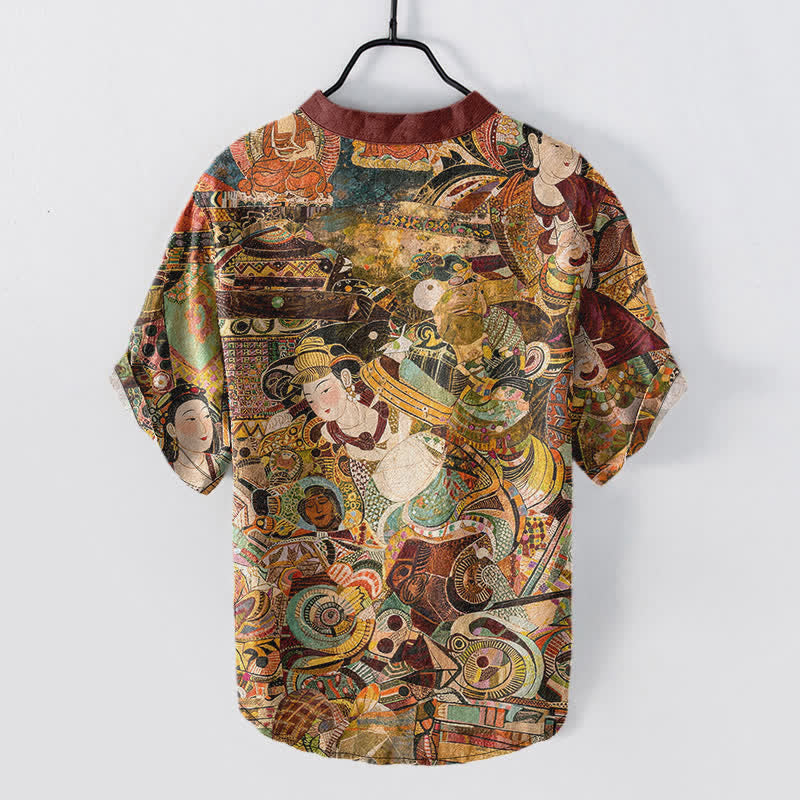 Buddha Stones Camicia da uomo a maniche corte con stampa di ritratti e mezza abbottonatura in cotone. - image 1