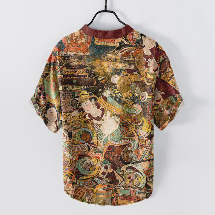 Buddha Stones Camicia da uomo a maniche corte con stampa di ritratti e mezza abbottonatura in cotone. - image 1