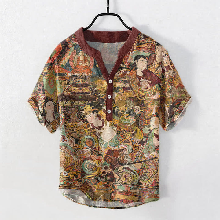Buddha Stones Camicia da uomo a maniche corte con stampa di ritratti e mezza abbottonatura in cotone. - Rosso scuro - US/UK/AU50, EU60 (5XL) - image 0