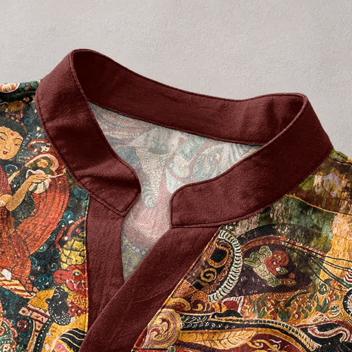 Buddha Stones Camicia da uomo a maniche corte con stampa di ritratti e mezza abbottonatura in cotone. - image 2