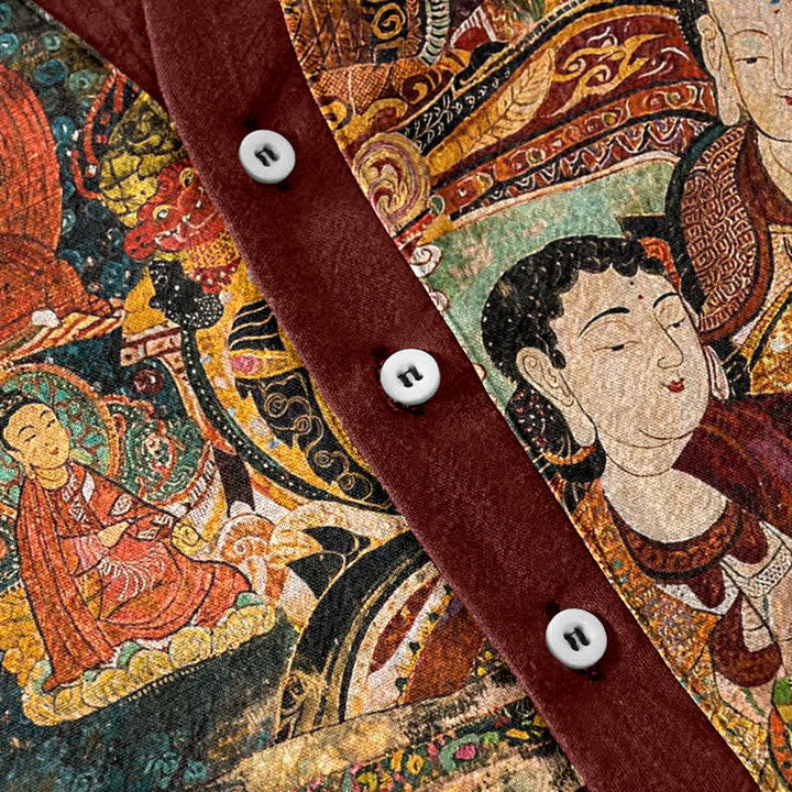 Buddha Stones Camicia da uomo a maniche corte con stampa di ritratti e mezza abbottonatura in cotone. - image 3