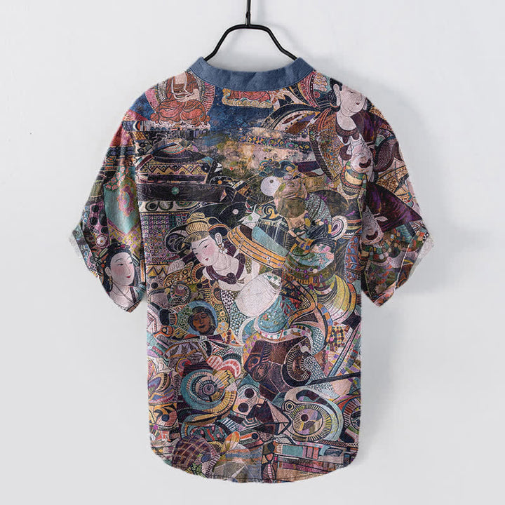 Buddha Stones Camicia da uomo a maniche corte con stampa di ritratti e mezza abbottonatura in cotone. - image 6