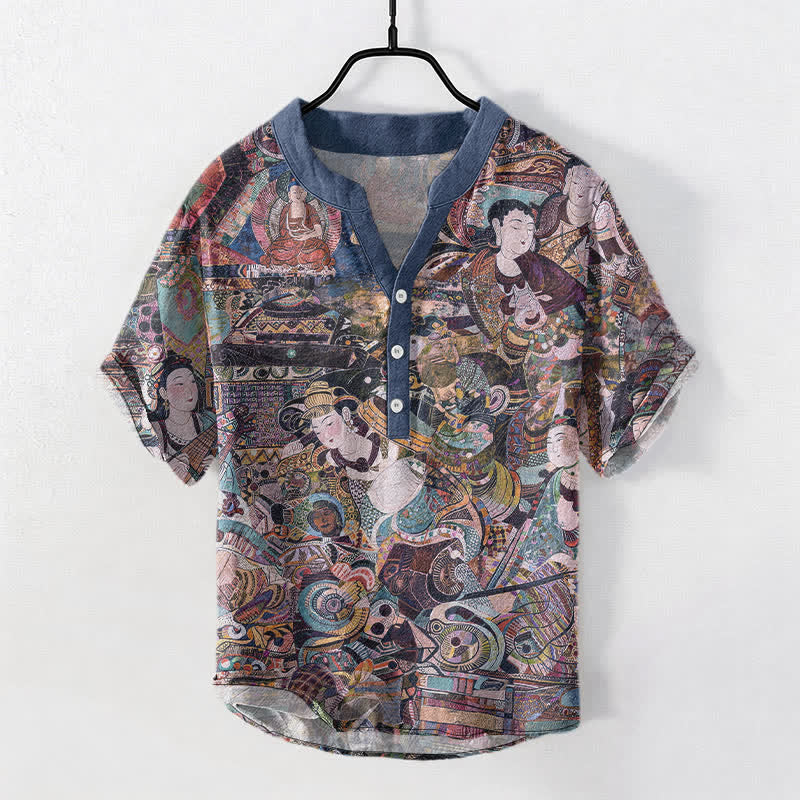 Buddha Stones Camicia da uomo a maniche corte con stampa di ritratti e mezza abbottonatura in cotone. - SteelBlue - US/UK/AU50, EU60 (5XL) - image 5