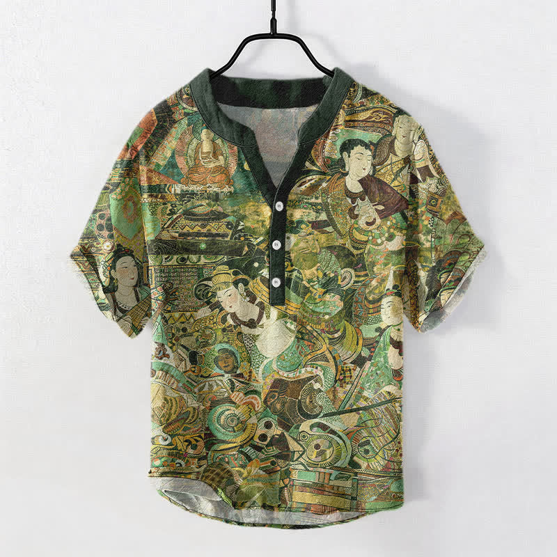 Buddha Stones Camicia da uomo a maniche corte con stampa di ritratti e mezza abbottonatura in cotone. - Verde scuro - US/UK/AU50, EU60 (5XL) - image 7