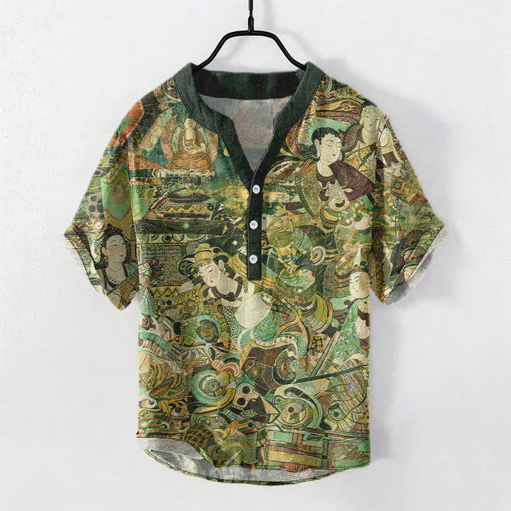 Buddha Stones Camicia da uomo a maniche corte con stampa di ritratti e mezza abbottonatura in cotone. - Verde scuro - US/UK/AU50, EU60 (5XL) - image 7