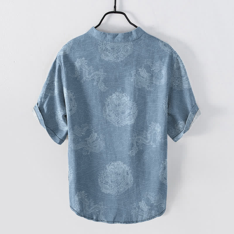 Buddha Stones Camicia da uomo a maniche corte con stampa drago in cotone e mezza abbottonatura - image 1
